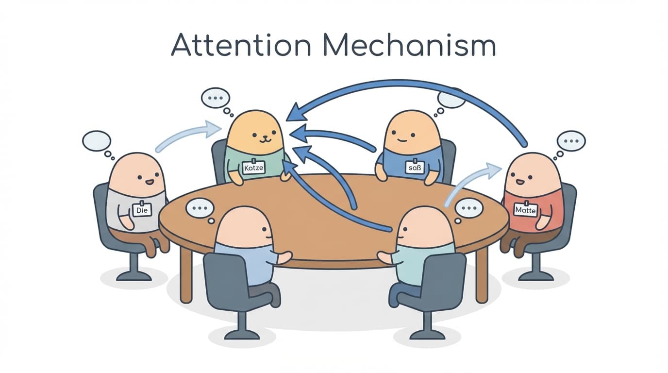 Der Attention-Mechanismus funktioniert wie eine Konferenz — jedes Wort achtet auf die anderen